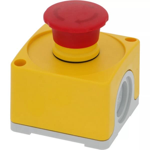 Poussoir champignon d'arrêt d'urgence complet jaune et rouge pour lave-vaisselle professionnels. Assure l'arrêt immédiat des équipements Comenda et Hoonved pour une sécurité optimale.