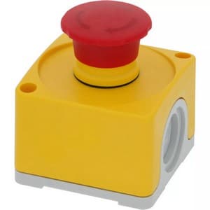Poussoir champignon d'arrêt d'urgence complet jaune et rouge pour lave-vaisselle professionnels. Assure l'arrêt immédiat des équipements Comenda et Hoonved pour une sécurité optimale.